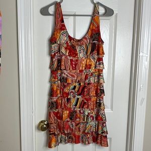 Bright Orange Multicolored Retro 60s Style Dress w/ Ruffles iSLE Apparel Size S